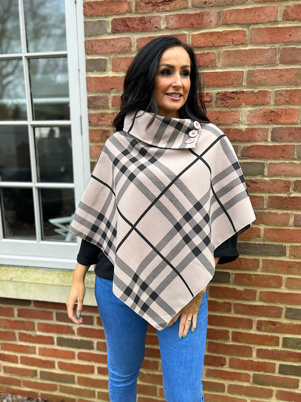 Mocha Checked Button Poncho Sasha