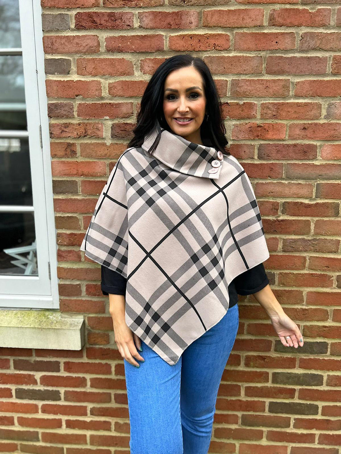 Mocha Checked Button Poncho Sasha