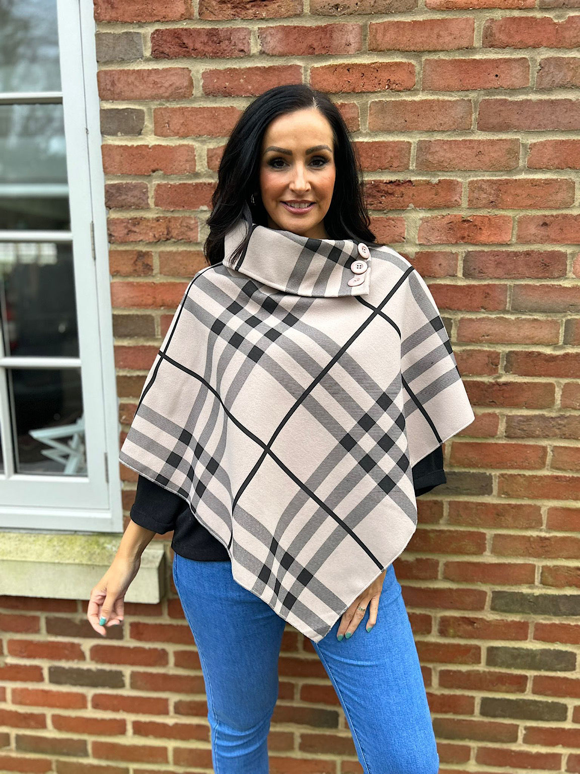 Mocha Checked Button Poncho Sasha