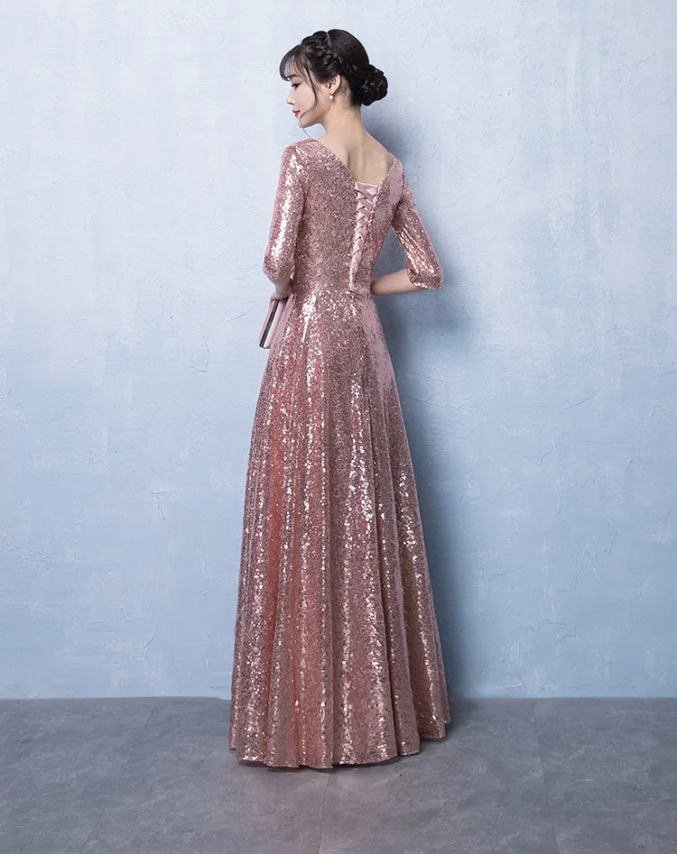 Peach Pink Sequins V-neckline Long Party Dress, Pink Bridesmaid Dress