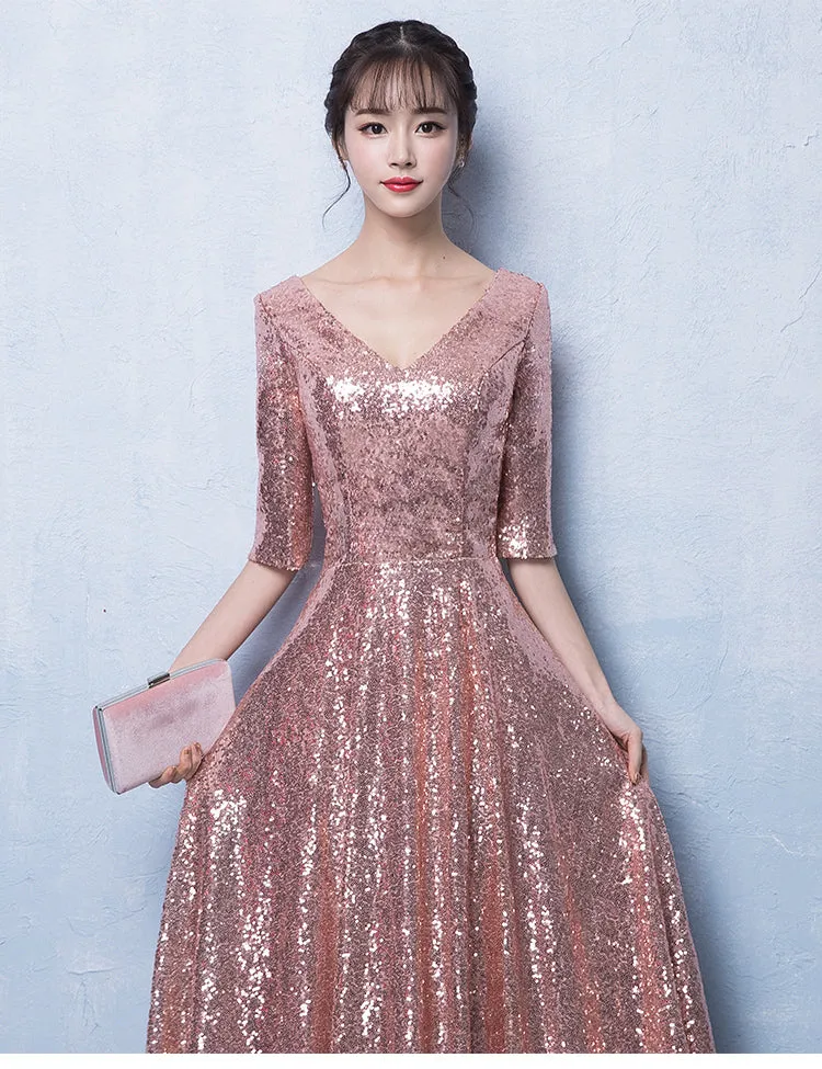 Peach Pink Sequins V-neckline Long Party Dress, Pink Bridesmaid Dress