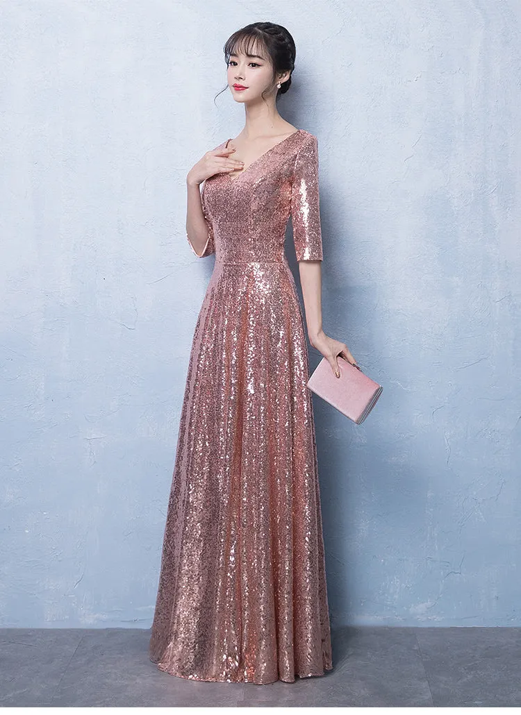 Peach Pink Sequins V-neckline Long Party Dress, Pink Bridesmaid Dress