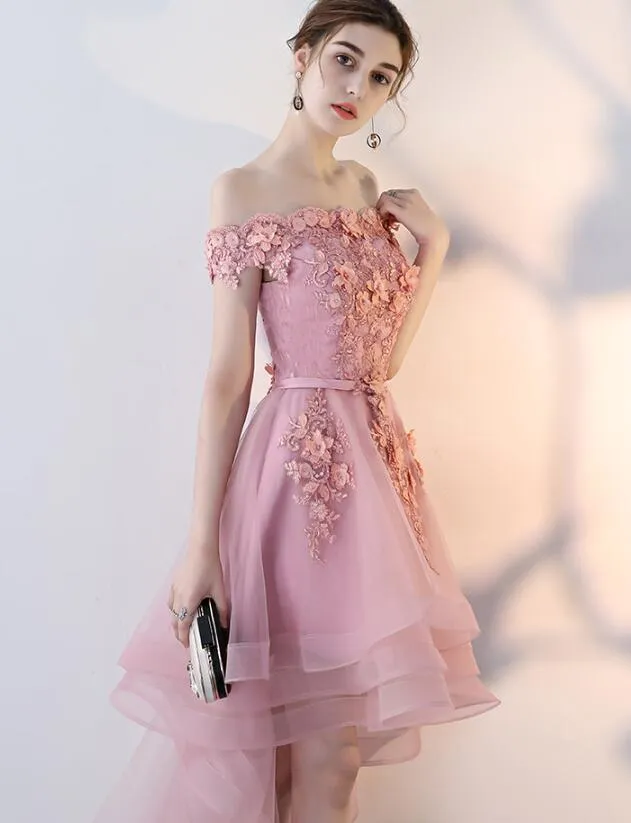 Pink High Low Tulle Off Shoulder Party Dress, Pink Homecoming Dress