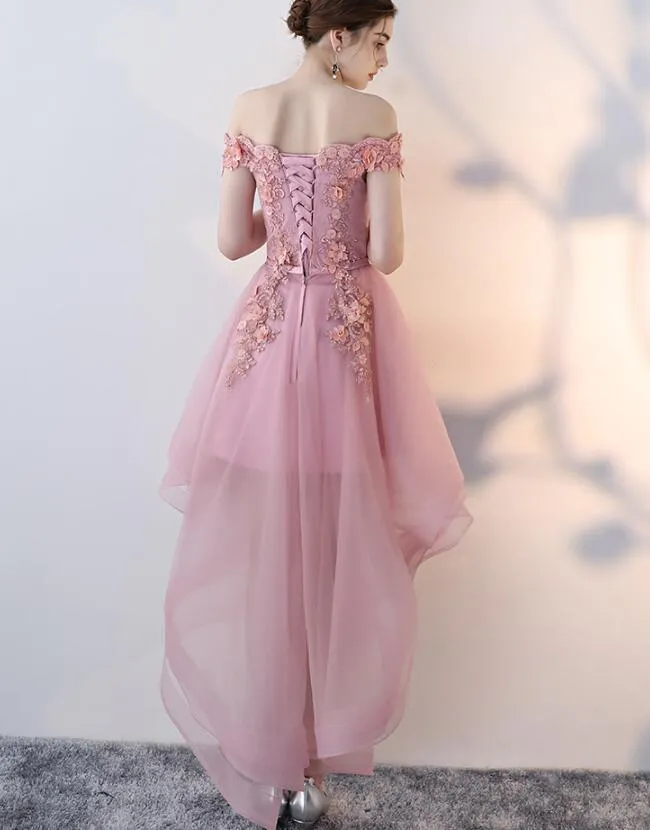 Pink High Low Tulle Off Shoulder Party Dress, Pink Homecoming Dress