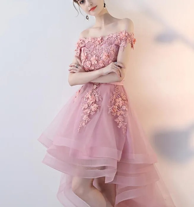 Pink High Low Tulle Off Shoulder Party Dress, Pink Homecoming Dress