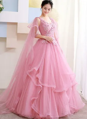 Pink Tulle Sweet 16 Party Dress with Lace Applique Formal Dress, Pink Quinceanera Dresses