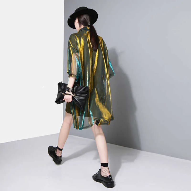 Reece Sheer Shimmer Shirt Dress - Gold Green