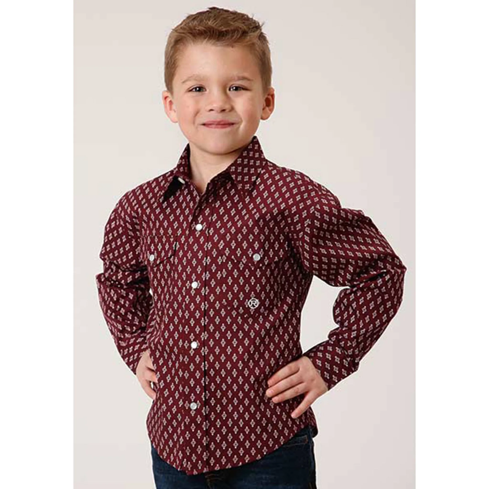 Roper Boy's Wine Diamond Print Long Sleeve