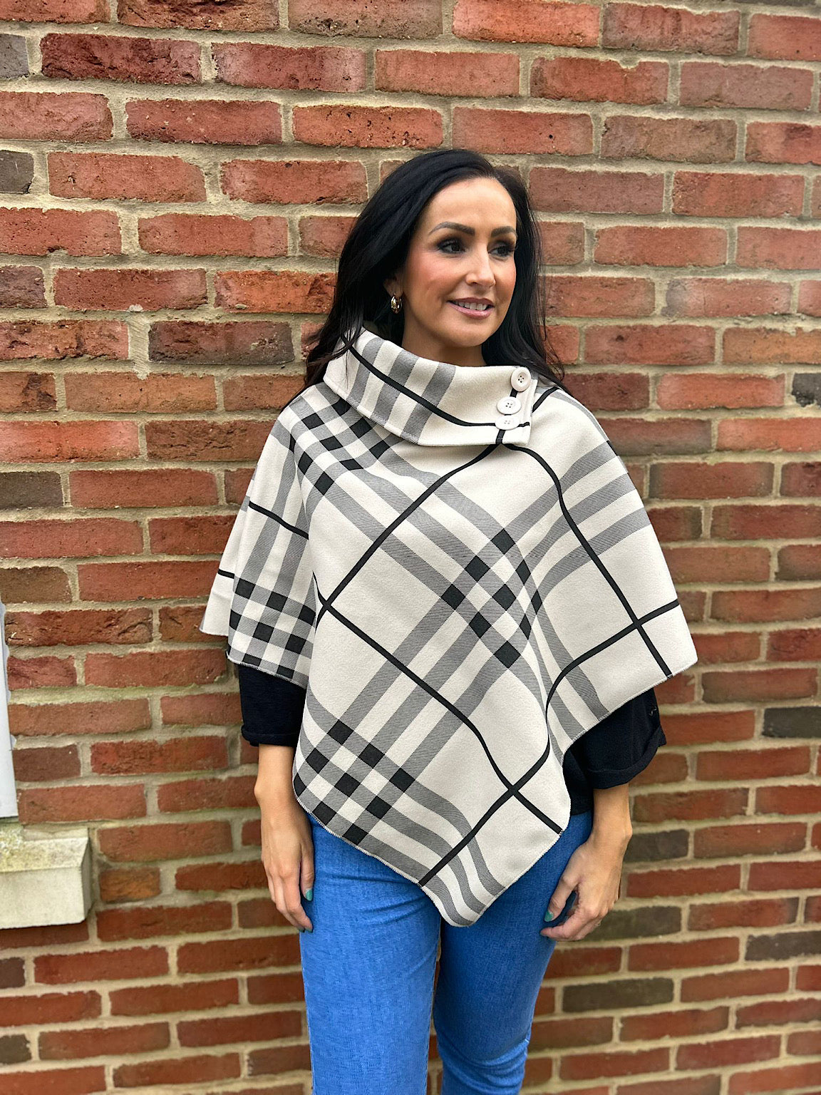 Stone Checked Button Poncho Sasha