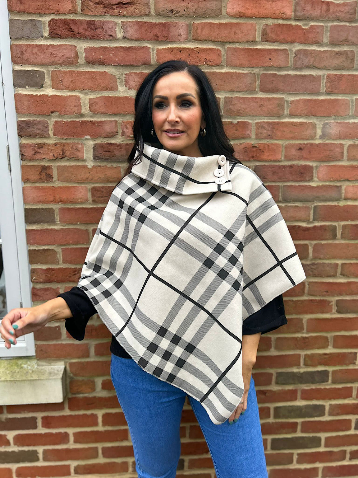 Stone Checked Button Poncho Sasha