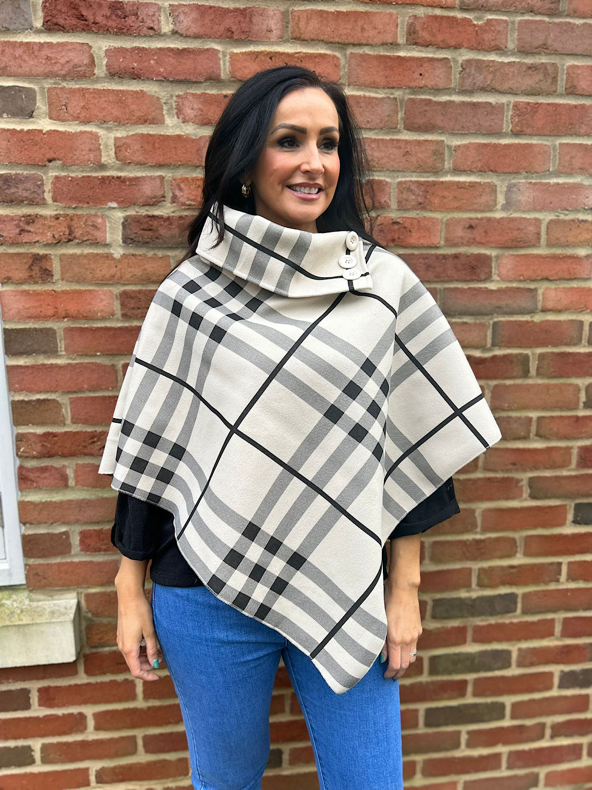 Stone Checked Button Poncho Sasha