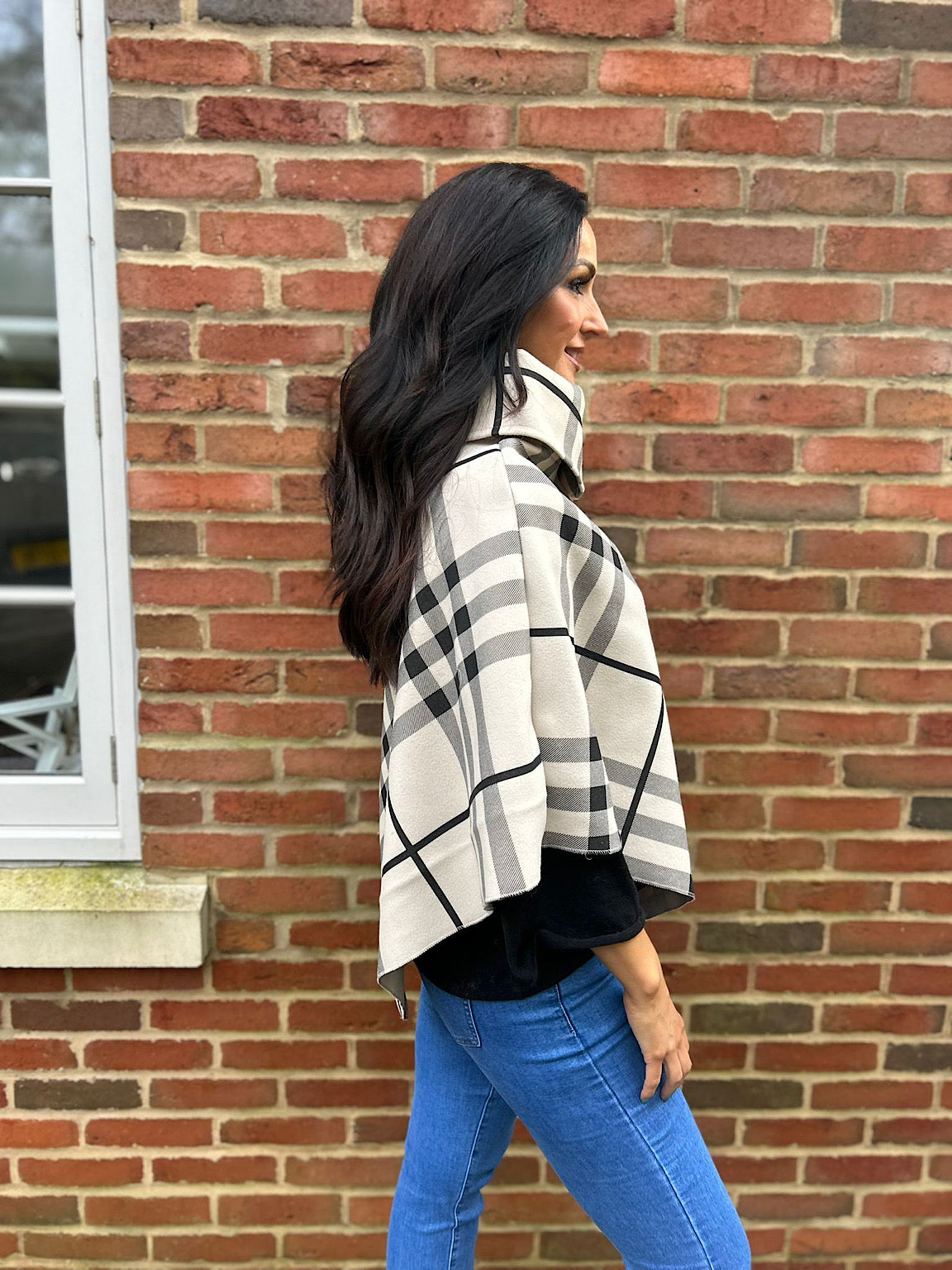 Stone Checked Button Poncho Sasha