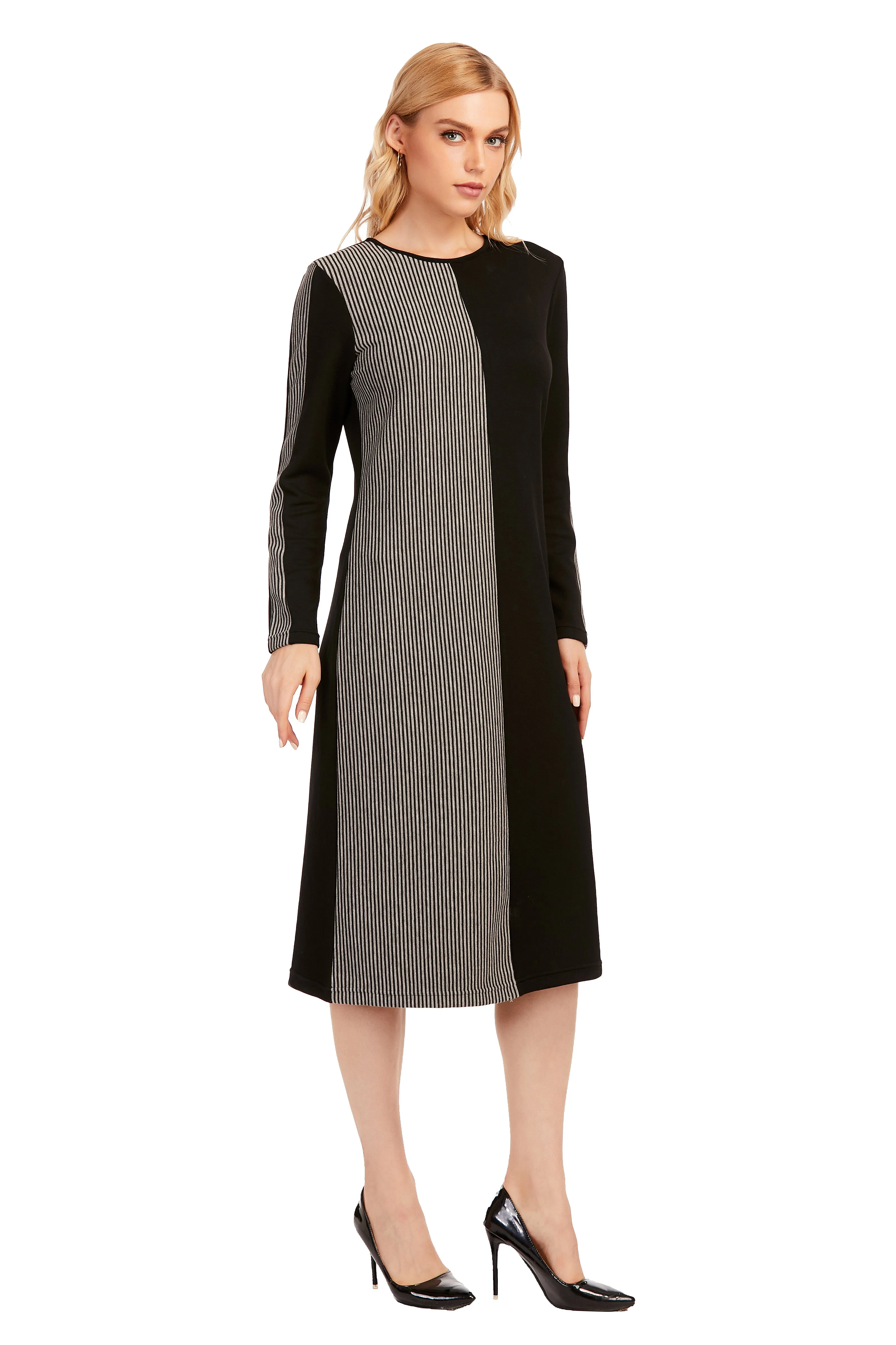 Striped & Solid Modest Knitted Long Sleeve Dress