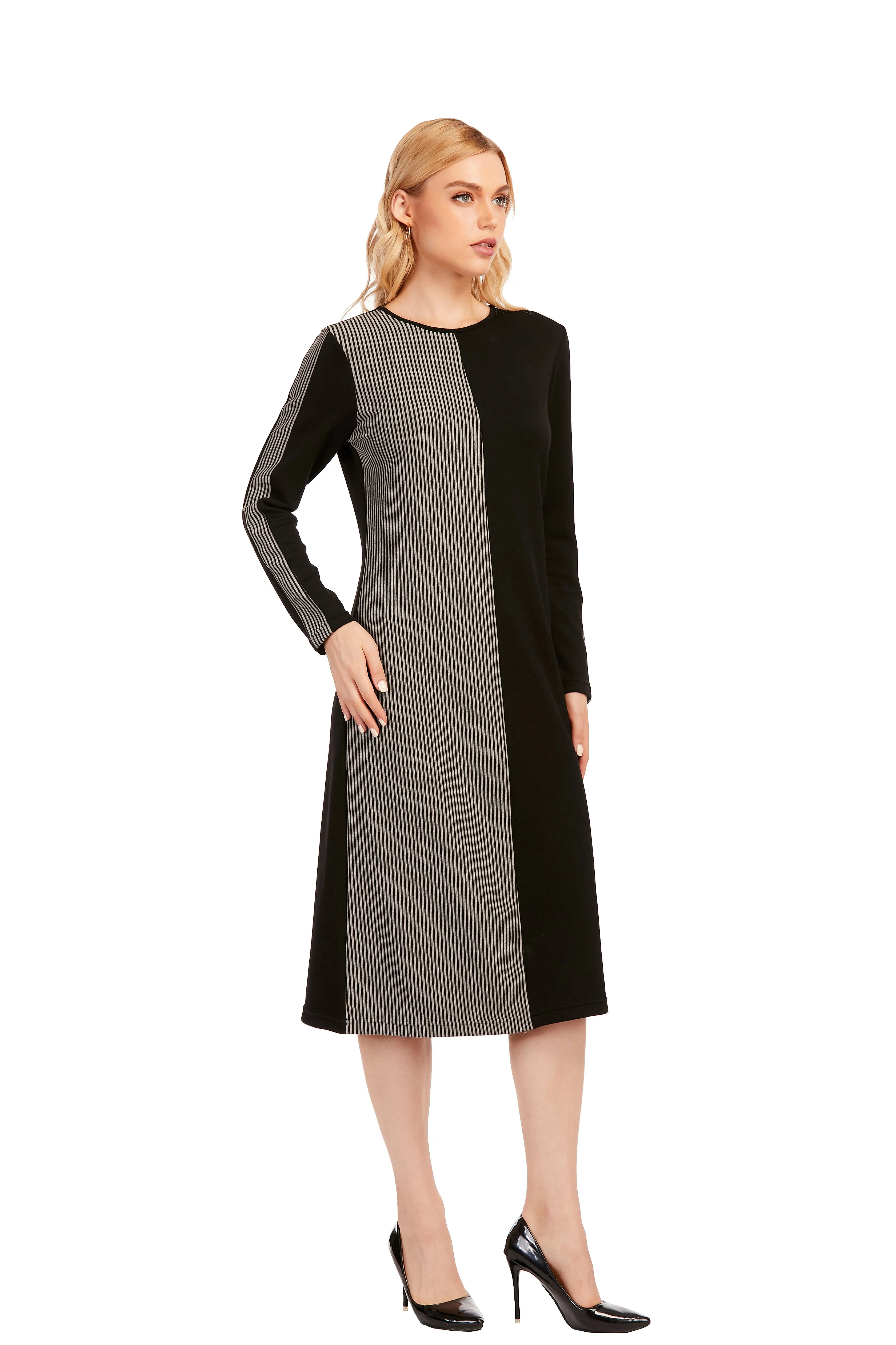 Striped & Solid Modest Knitted Long Sleeve Dress