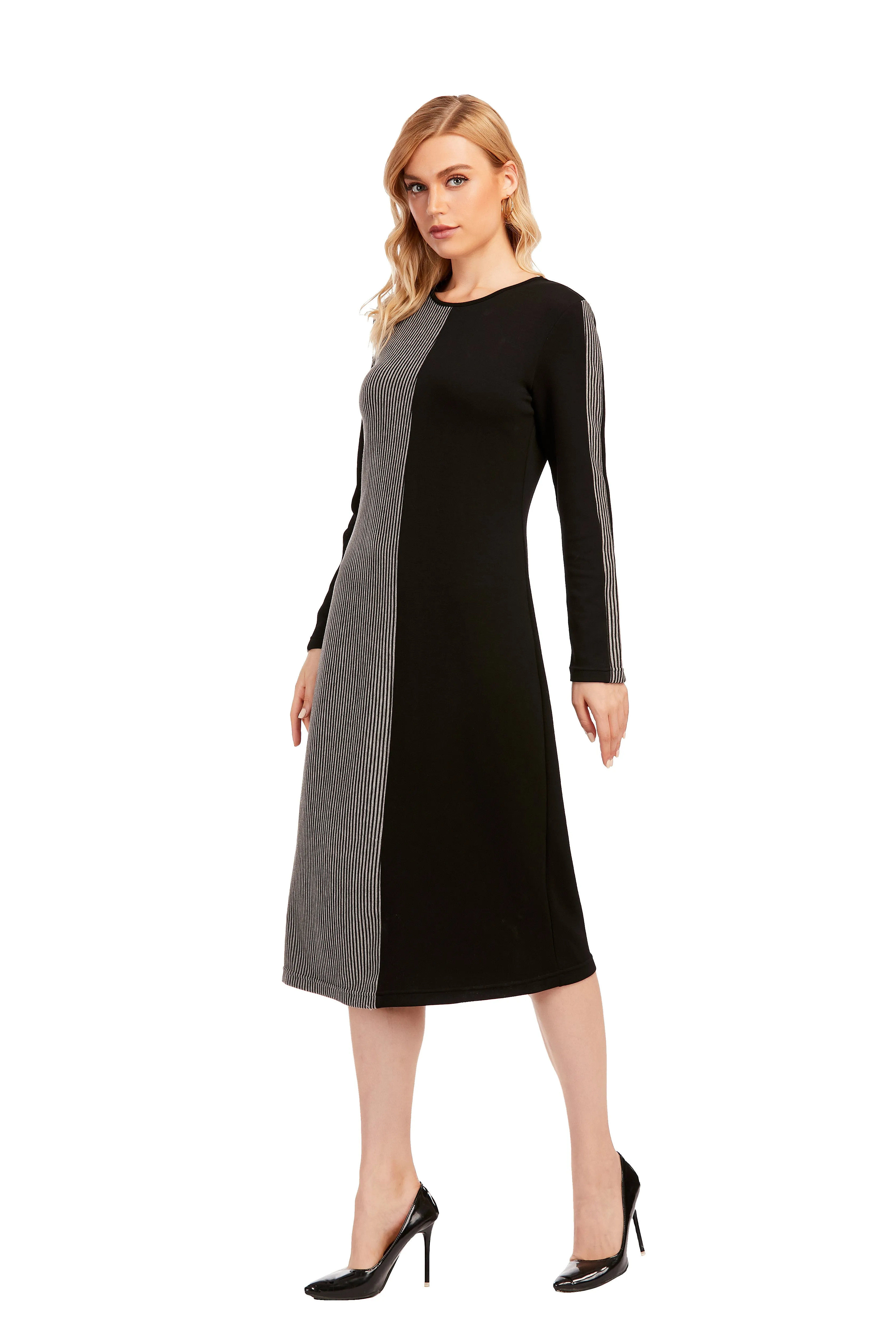 Striped & Solid Modest Knitted Long Sleeve Dress