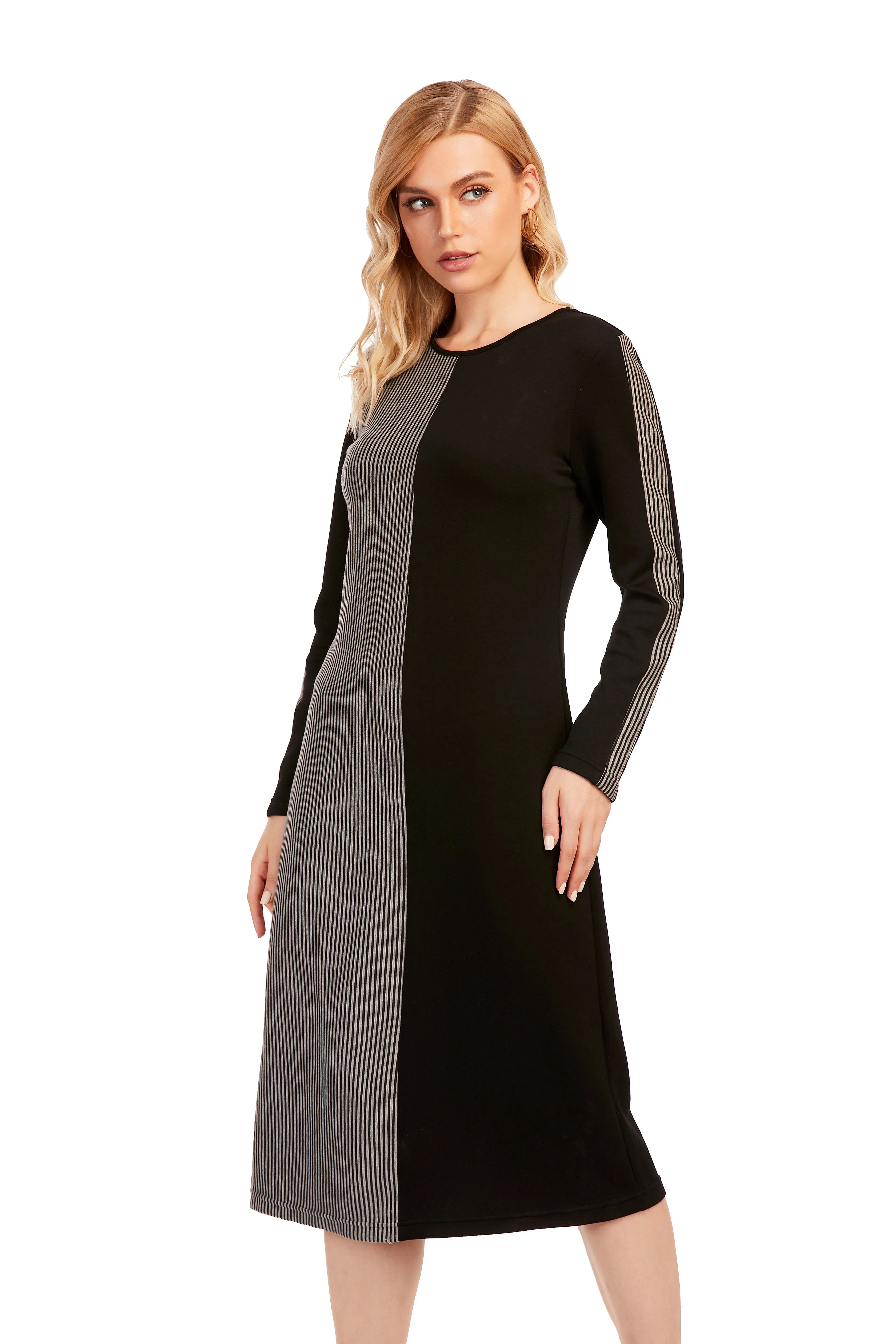 Striped & Solid Modest Knitted Long Sleeve Dress