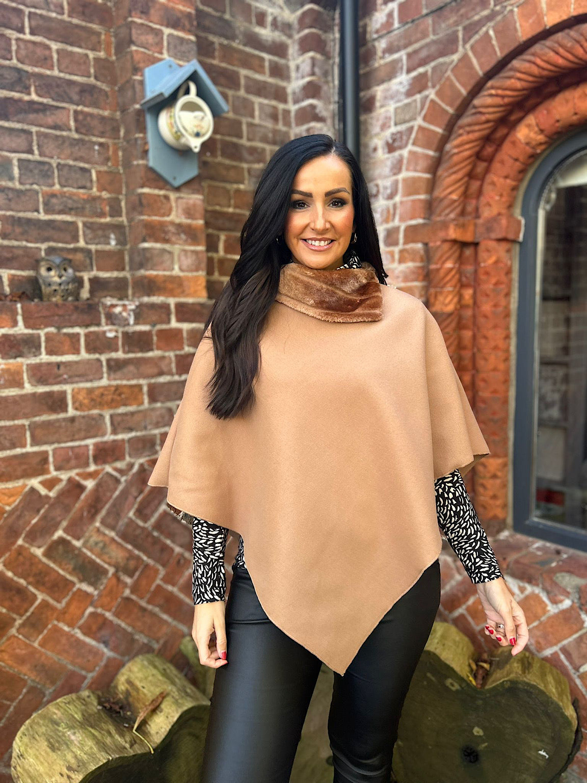 Tan Faux Fur Trim Poncho Devon