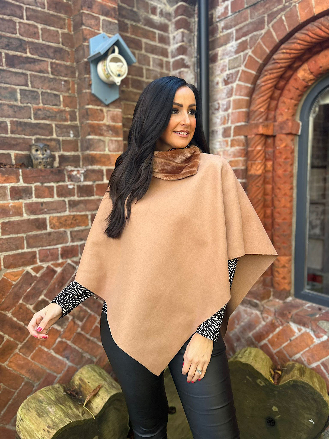 Tan Faux Fur Trim Poncho Devon