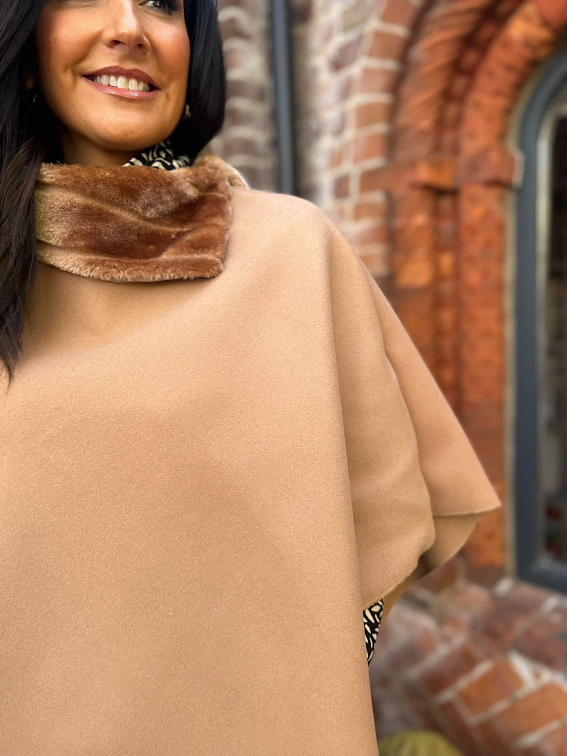 Tan Faux Fur Trim Poncho Devon