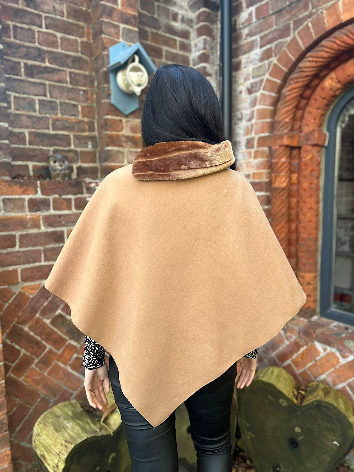 Tan Faux Fur Trim Poncho Devon