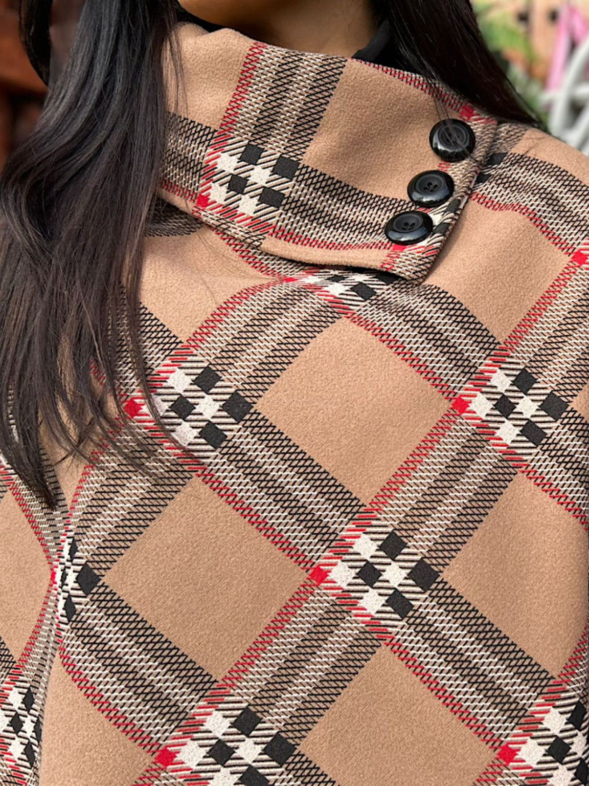 Tan Tartan Button Poncho Sasha