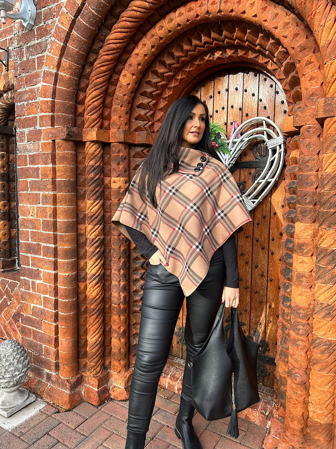 Tan Tartan Button Poncho Sasha