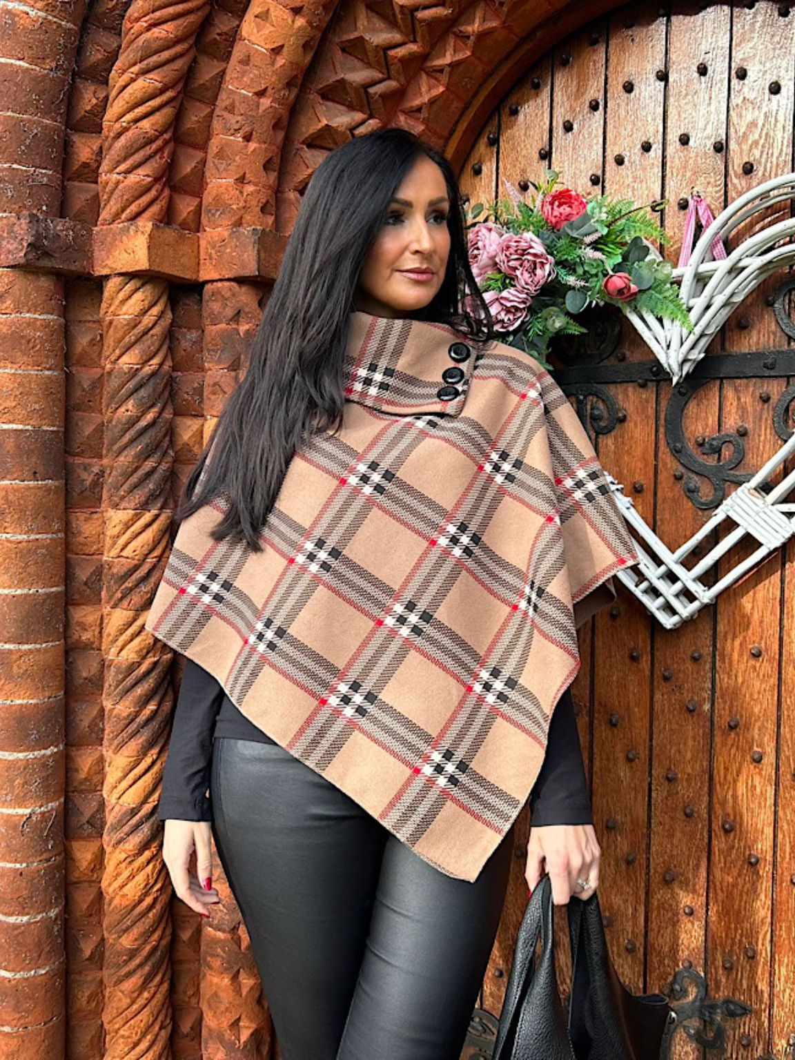 Tan Tartan Button Poncho Sasha