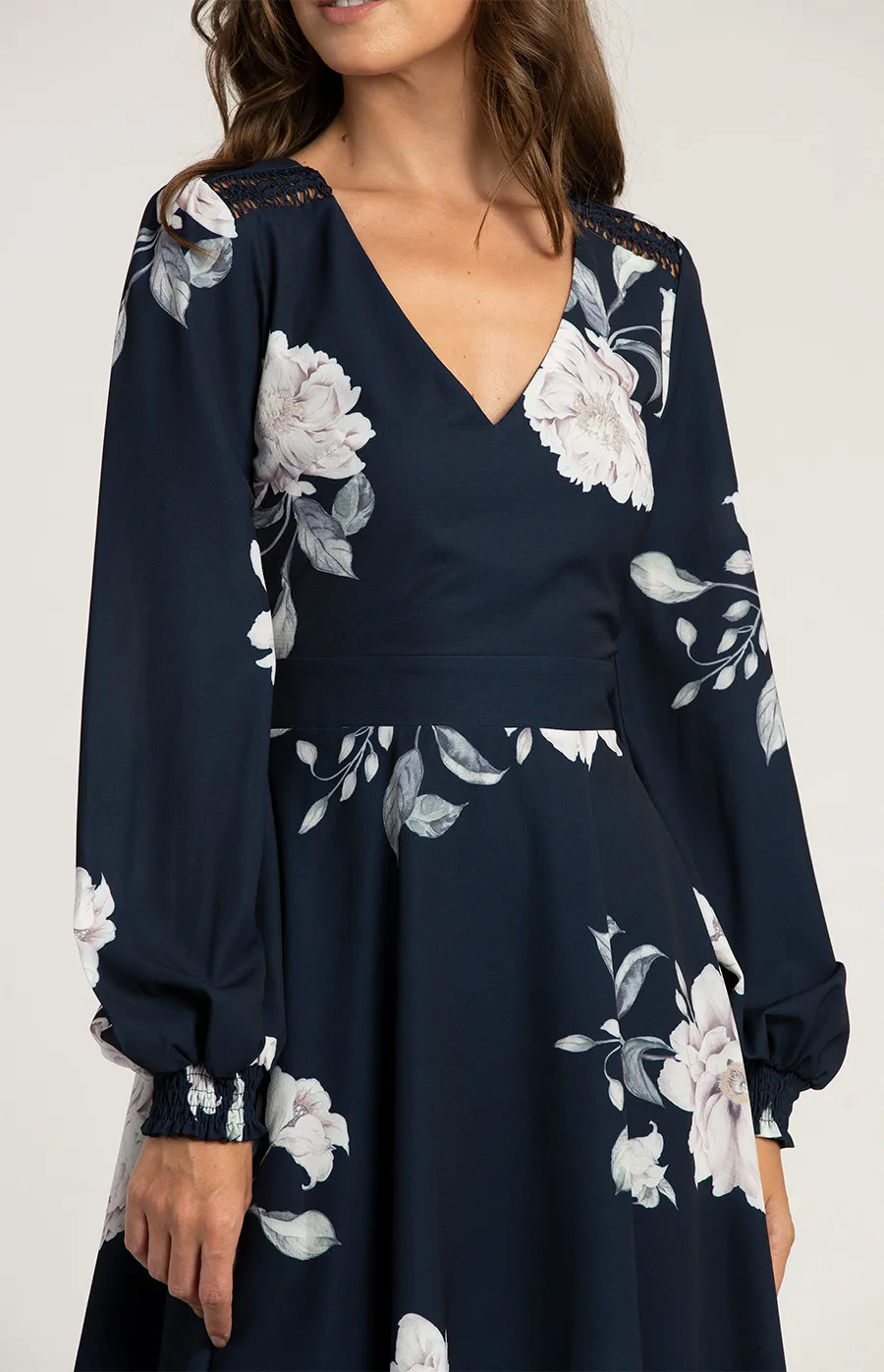 V-neckline Floral Dress with Trim Detail (SDR553A) 