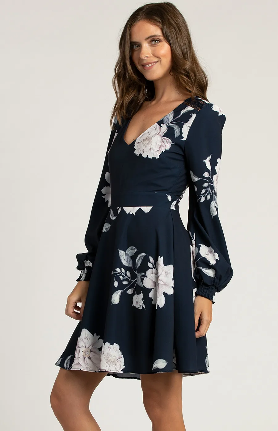 V-neckline Floral Dress with Trim Detail (SDR553A) 