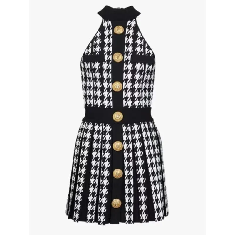 Women's Designer Fashion Halter Neck Houndstooth Knitted Button Dress