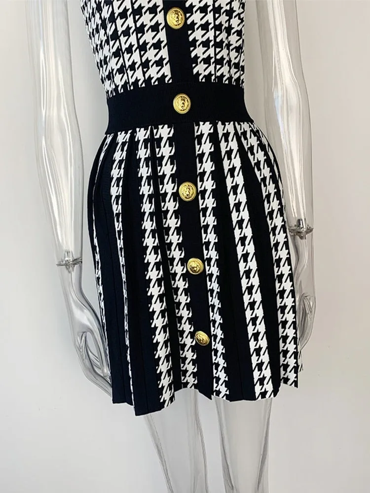 Women's Designer Fashion Halter Neck Houndstooth Knitted Button Dress