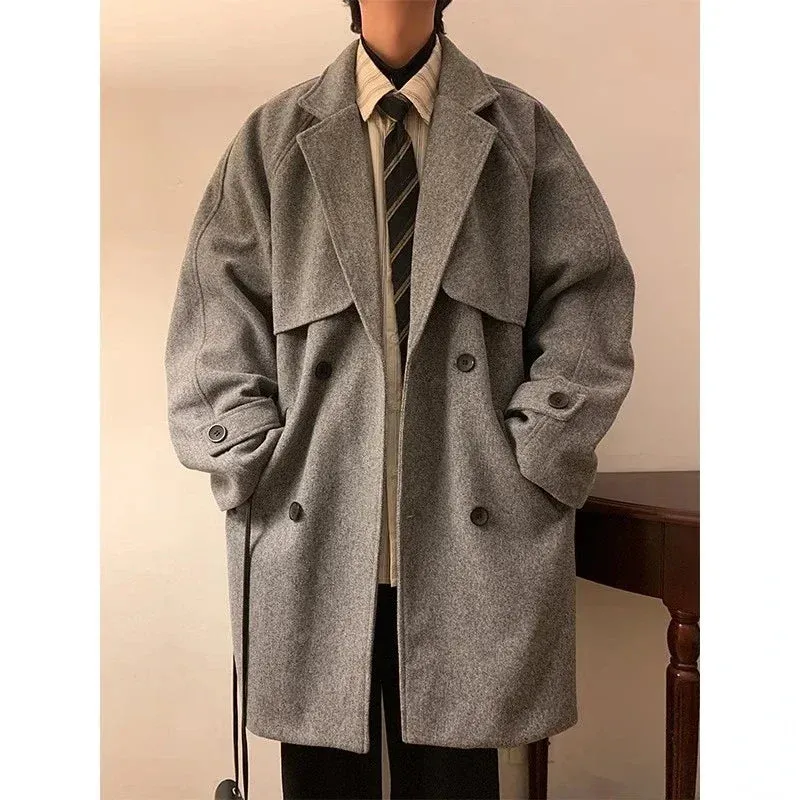 Xituodai Autumn Winter High Street Harajuku Men's Casual Solid Medium Length Woolen Coat Double Breasted Korean Chic Trench Coat