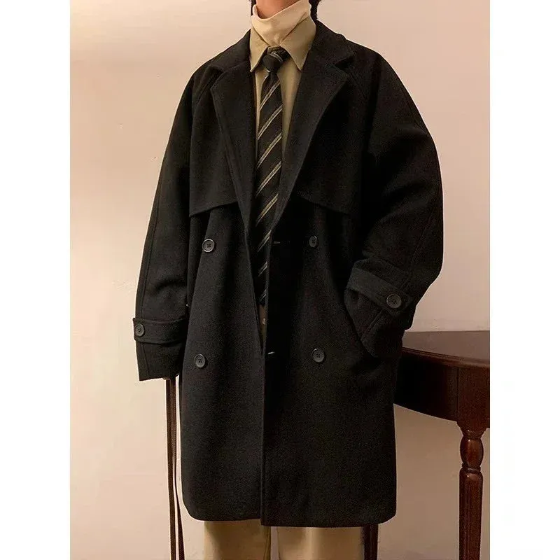 Xituodai Autumn Winter High Street Harajuku Men's Casual Solid Medium Length Woolen Coat Double Breasted Korean Chic Trench Coat