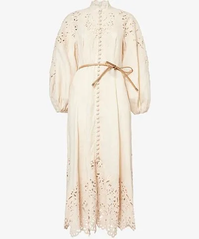 ZIMMERMANN Womens Cream Wylie Embroidered Billow linen midi dress