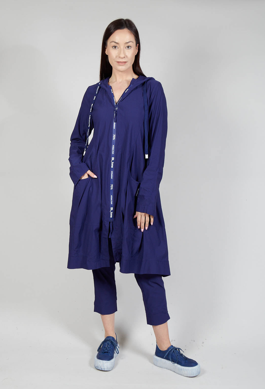 Zip Through Coat with Hood in Azur